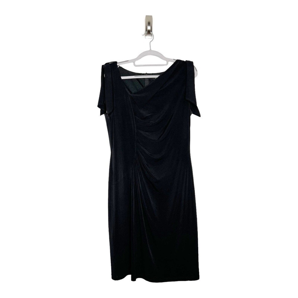 David Meister Asymmetrical Black Dress Size 10 Stretch Ruching Career Minimalist